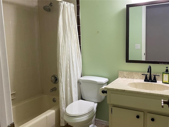 full bathroom with shower / bath combination with curtain, vanity, and toilet