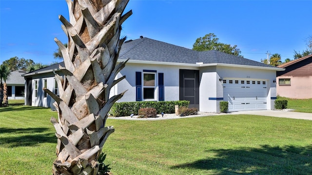 view of front of home with a garage and a front lawn