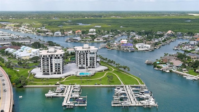 drone / aerial view with a water view