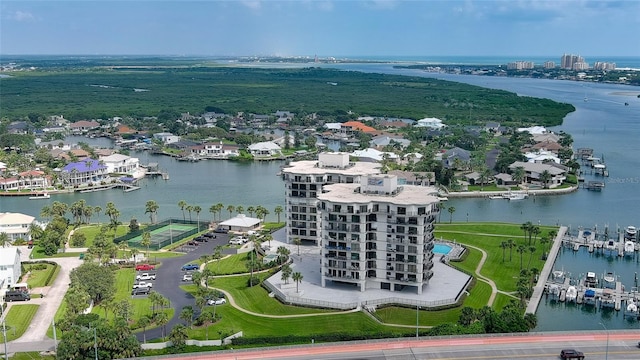 aerial view featuring a water view