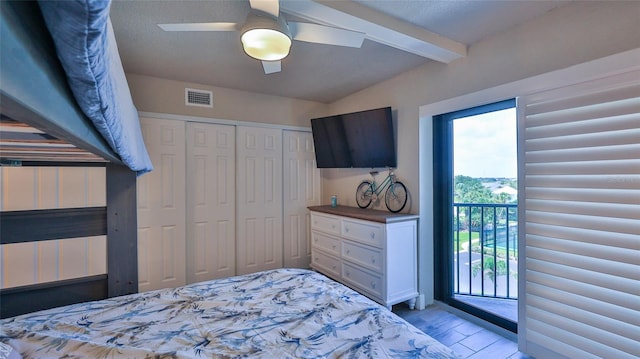 bedroom featuring access to exterior, vaulted ceiling with beams, visible vents, a ceiling fan, and light wood-type flooring