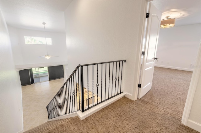 staircase featuring carpet floors and ceiling fan