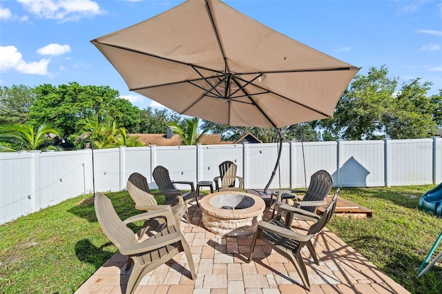 view of patio / terrace with a fire pit