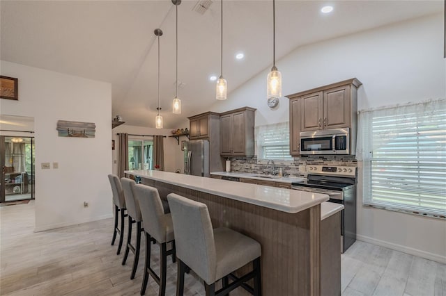 kitchen featuring a wealth of natural light, lofted ceiling, and stainless steel appliances