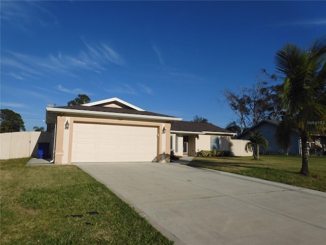 single story home featuring a garage and a front lawn