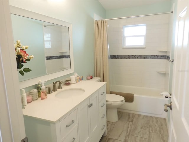 full bathroom with vanity, toilet, and shower / bathtub combination with curtain