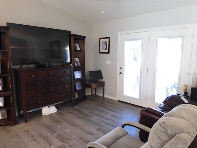 living room featuring hardwood / wood-style flooring and lofted ceiling