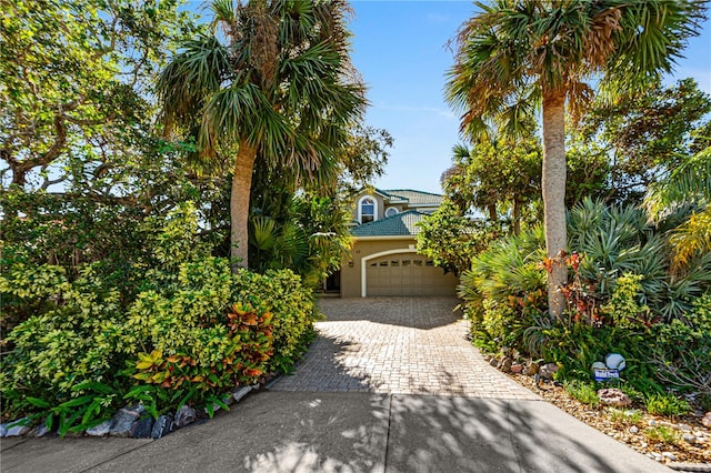 view of property hidden behind natural elements featuring a garage