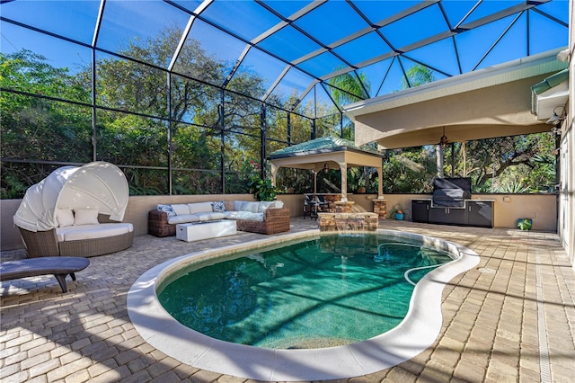 view of swimming pool featuring a gazebo, area for grilling, an outdoor living space, and a patio