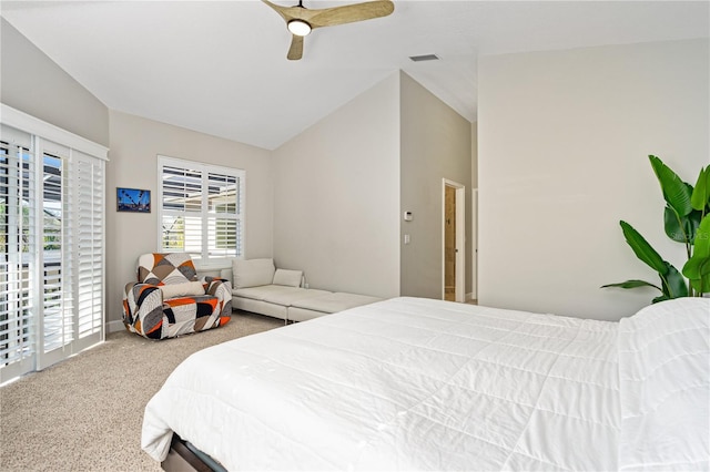 bedroom with carpet, access to outside, vaulted ceiling, and ceiling fan