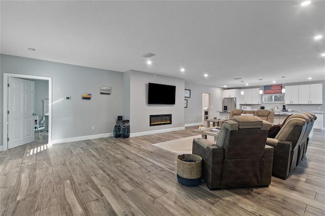 living room featuring light hardwood / wood-style floors and a textured ceiling