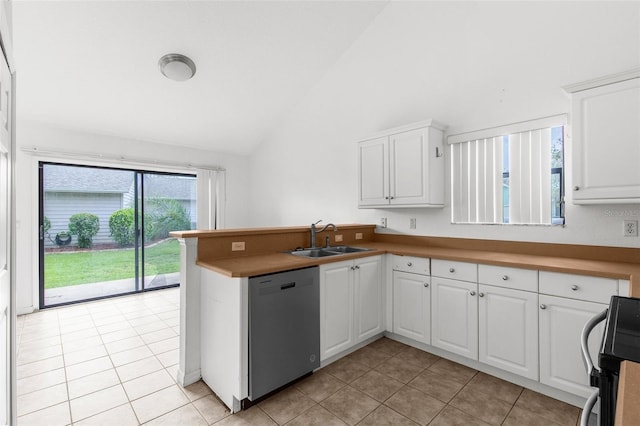 kitchen featuring dishwasher, kitchen peninsula, sink, black range, and white cabinetry