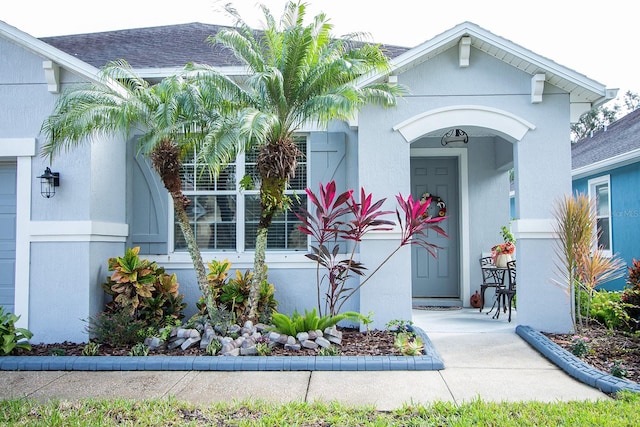 entrance to property with a shingled roof and stucco siding