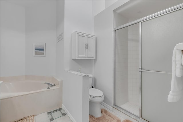 bathroom with independent shower and bath, toilet, and tile patterned floors