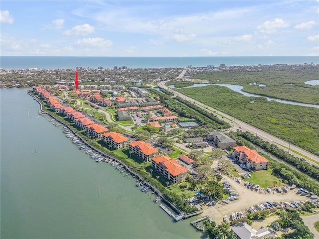 drone / aerial view with a water view