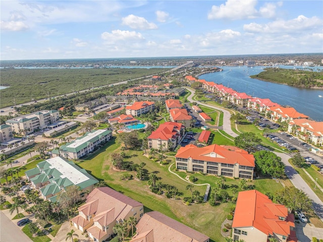 drone / aerial view featuring a water view