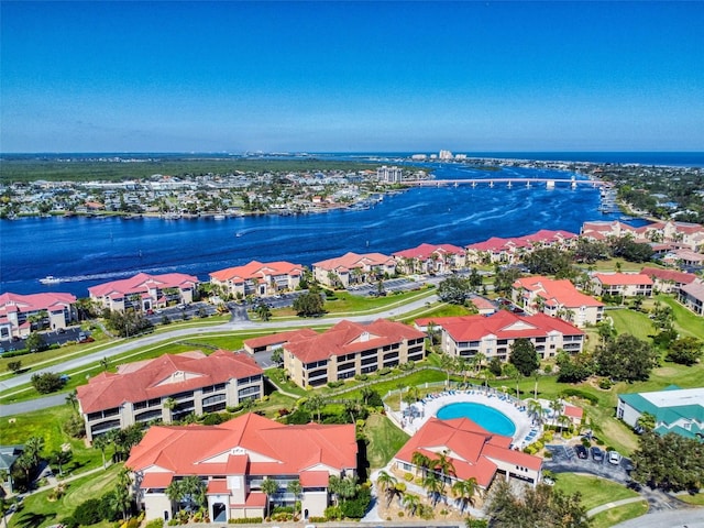 drone / aerial view with a water view