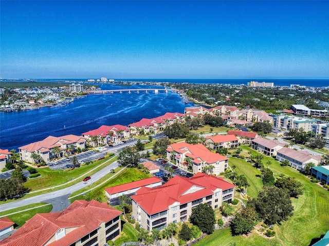 drone / aerial view featuring a water view