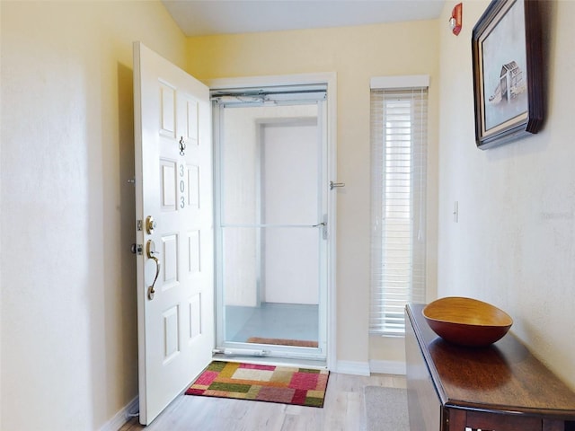 452 Bouchelle Dr Unit 303, New Smyrna Beach, FL 32169 - doorway featuring wood finished floors and baseboards