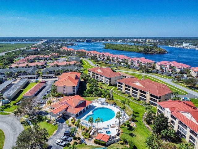 drone / aerial view featuring a water view