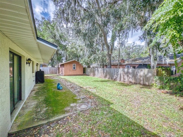 view of yard featuring a storage shed