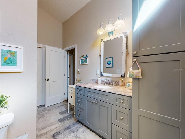 bathroom with vanity, hardwood / wood-style flooring, toilet, and lofted ceiling