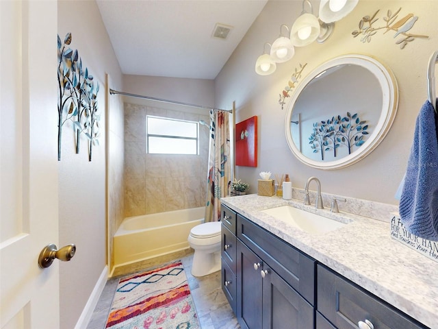 full bathroom featuring toilet, vanity, shower / bath combo with shower curtain, and vaulted ceiling