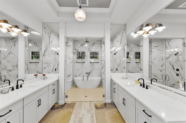 bathroom featuring wood-type flooring, plus walk in shower, a tray ceiling, and vanity