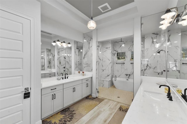 bathroom featuring crown molding, vanity, shower with separate bathtub, and hardwood / wood-style flooring