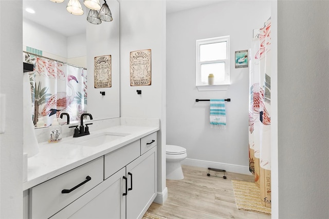 bathroom with vanity, hardwood / wood-style floors, toilet, and curtained shower