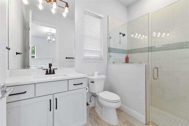 bathroom with vanity, toilet, wood-type flooring, and a shower with door