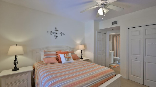 carpeted bedroom featuring ensuite bathroom and ceiling fan