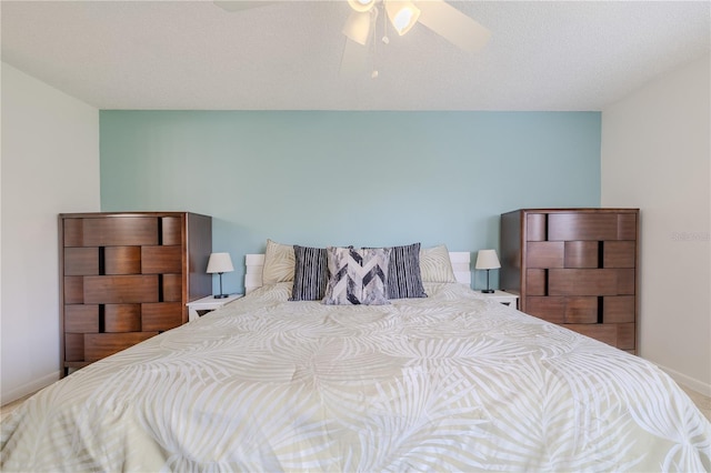 bedroom featuring a textured ceiling and ceiling fan