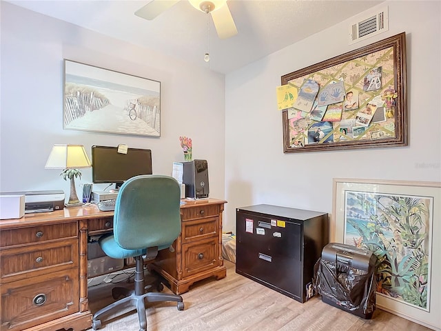 office area featuring ceiling fan and light hardwood / wood-style flooring