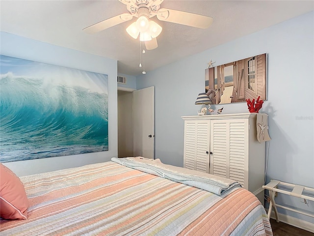 bedroom featuring ceiling fan and a closet