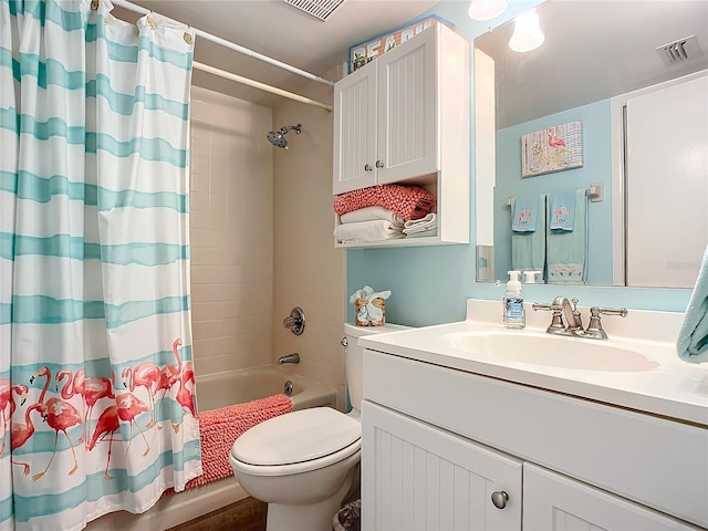 full bathroom featuring wood-type flooring, vanity, shower / bath combo, and toilet