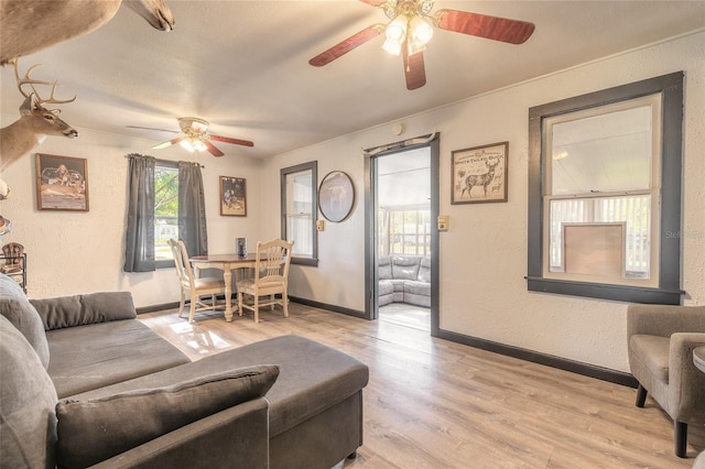 living room with light hardwood / wood-style floors and ceiling fan