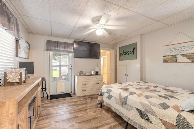 bedroom featuring ceiling fan, light hardwood / wood-style floors, and a drop ceiling