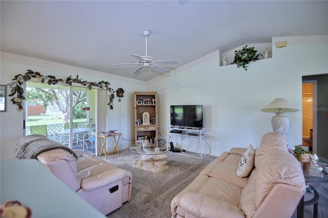 carpeted living room with vaulted ceiling and ceiling fan