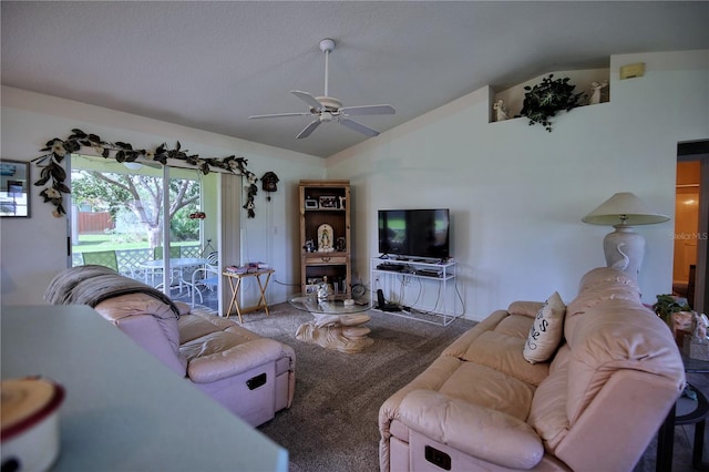 carpeted living room with ceiling fan and lofted ceiling