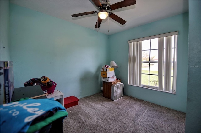 bedroom with ceiling fan and carpet