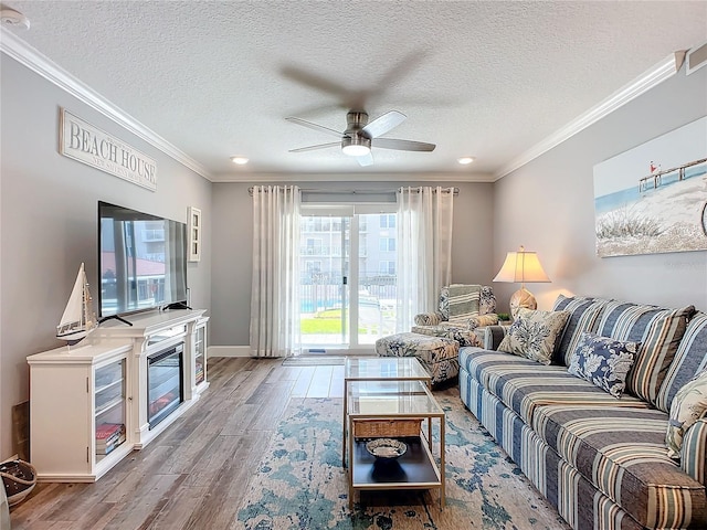 living room featuring crown molding, light hardwood / wood-style flooring, ceiling fan, and a textured ceiling