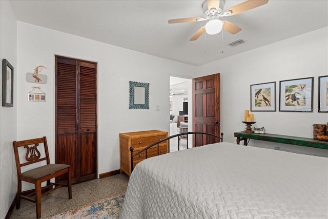 bedroom with ceiling fan and a closet