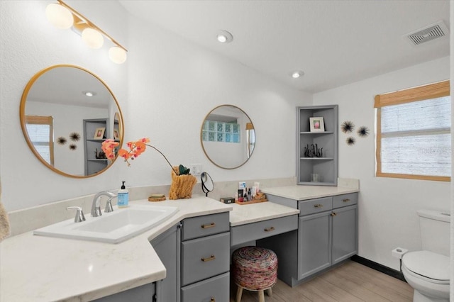 bathroom featuring wood-type flooring, vanity, and toilet