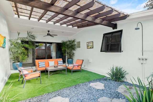 view of patio with an outdoor living space, a pergola, and ceiling fan