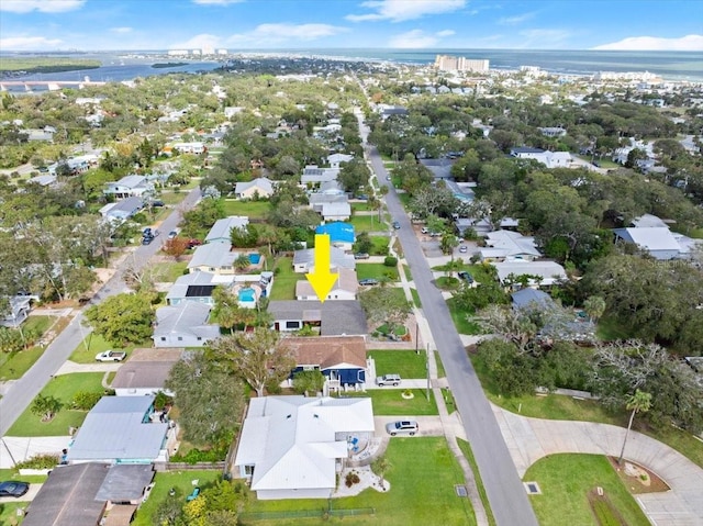 drone / aerial view featuring a water view