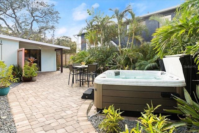 view of patio featuring a hot tub