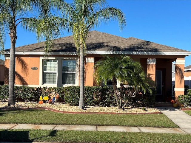 view of front of property with a shingled roof, a front lawn, and stucco siding