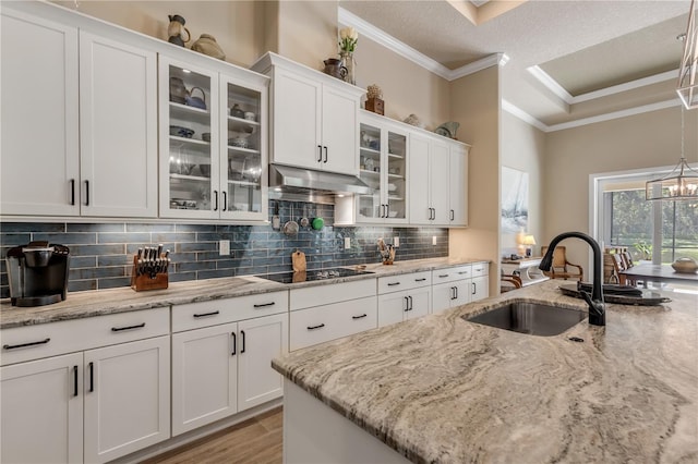 kitchen featuring crown molding, black electric stovetop, pendant lighting, sink, and white cabinets