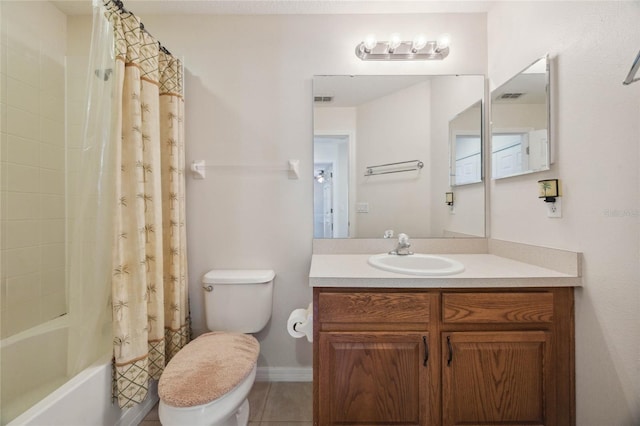 full bathroom with tile patterned flooring, vanity, shower / tub combo, and toilet